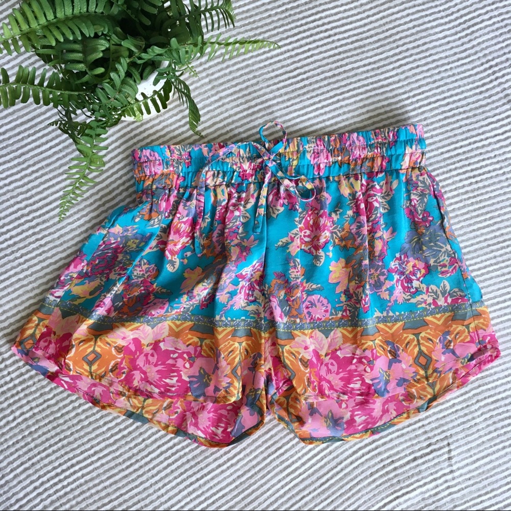 Tolani Silk Floral Patterned Shorts Elastic Waist